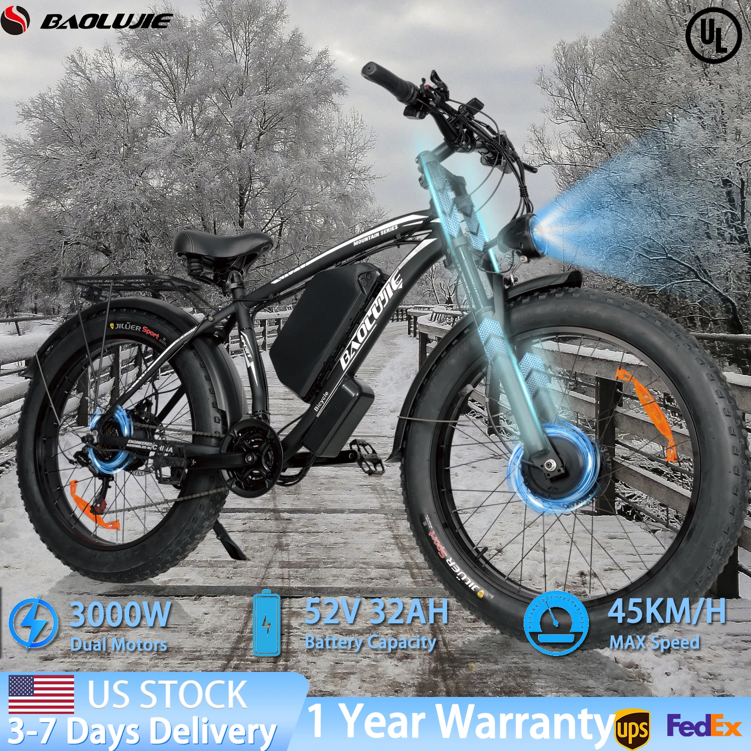 

BAOLUJIE 2602 Electric Bicycle for Adults，3000W Dual-Motors，52V 32AH Removable Battery，Mountain E-bike，E-Bike【1 Year Warranty】