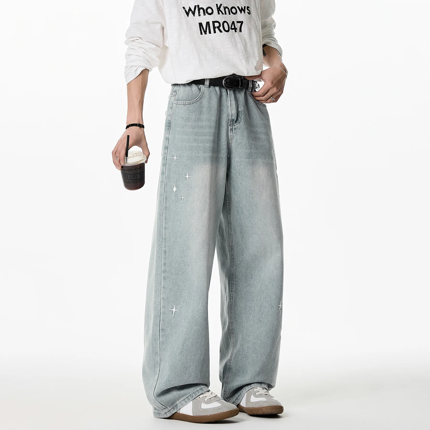 

Men Jeans Denim Straight Jean Ankle Length Pants Embroidery Zipper Fly High Waist Loose Casual Spliced Pockets Distressed