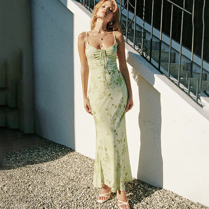 Zeyla 2025 Neo-Chinese vakantie lange jurk dames groene retro v-hals stropdas wrap zeemeermin slim fit lente outfit