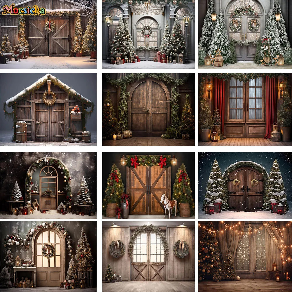 

Retro Christmas Rustic Barn Wooden Backdrops for Photography Studio Xmas Tree Snow Decor Winter Family Portrait Photo Background