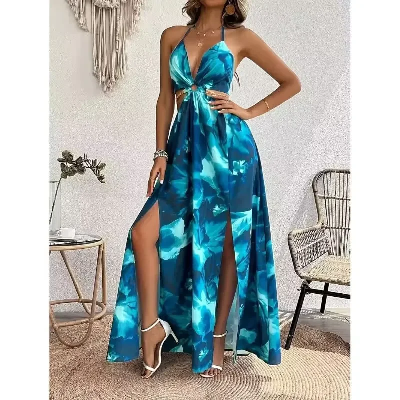 Abito vintage da donna con bretelle con spacco laterale senza schienale Y2K stampato lungo da vacanza abito sexy con cinturino con scollo a V e lacci senza schienale