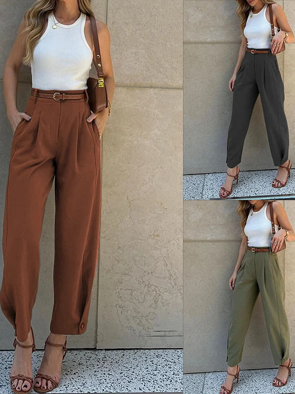 Ele لون نقي ارتفاع الخصر فضفاض سراويل نسائية عادية شيك تسعة عشرات دعوى السراويل Quali Faionable السيدات بنطلون