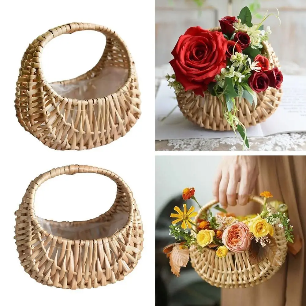 Willow Rattan Flower Girl Baskets Sturdy Yellow Wicker Half Moon Baskets Picnic Container Woven Basket Flower Arrangement Basket