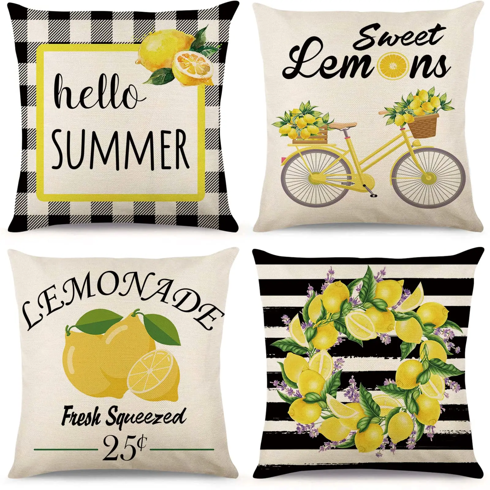 

Summer Lemon Pillow Covers Set of 4, Watercolor Stripes, Wreath, Buffalo Plaid, Bicycle Cushion Case, Farmhouse Decor, Room Sofa