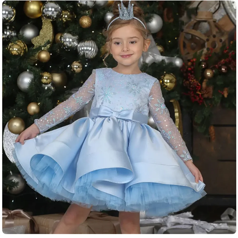 Elegante blaue Blume Mädchen Kleid Pailletten Prinzessin Kinder Hochzeit Geburtstags feier Erstkommunion benutzer definierte Prinzessinnen Kleid