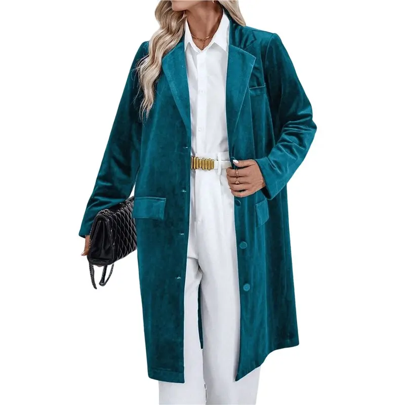 

CYL-Женская однотонная бархатная куртка с длинными рукавами и открытым передом, повседневный костюм, кардиган, пальто средней длины