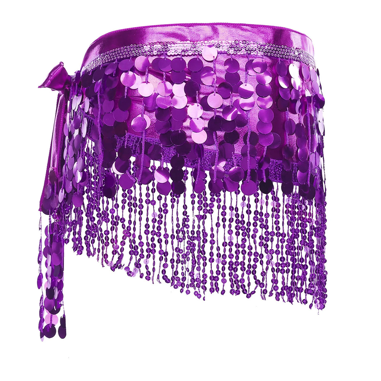 メタリック光沢のある女性用ベリーダンスヒップスカーフ、スパンコールタッセル付き、セルフタイイングラップスカート、ティアードフリンジウエストチェーン、ベリーダンスコスチューム