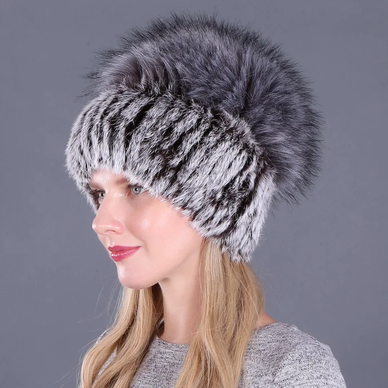 

2025 Wholesale Good Elastic Winter Women Knitted Real Rex Rabbit Fur Hats Lady Real Fur Cap Natural Silver Fox Fur Hat