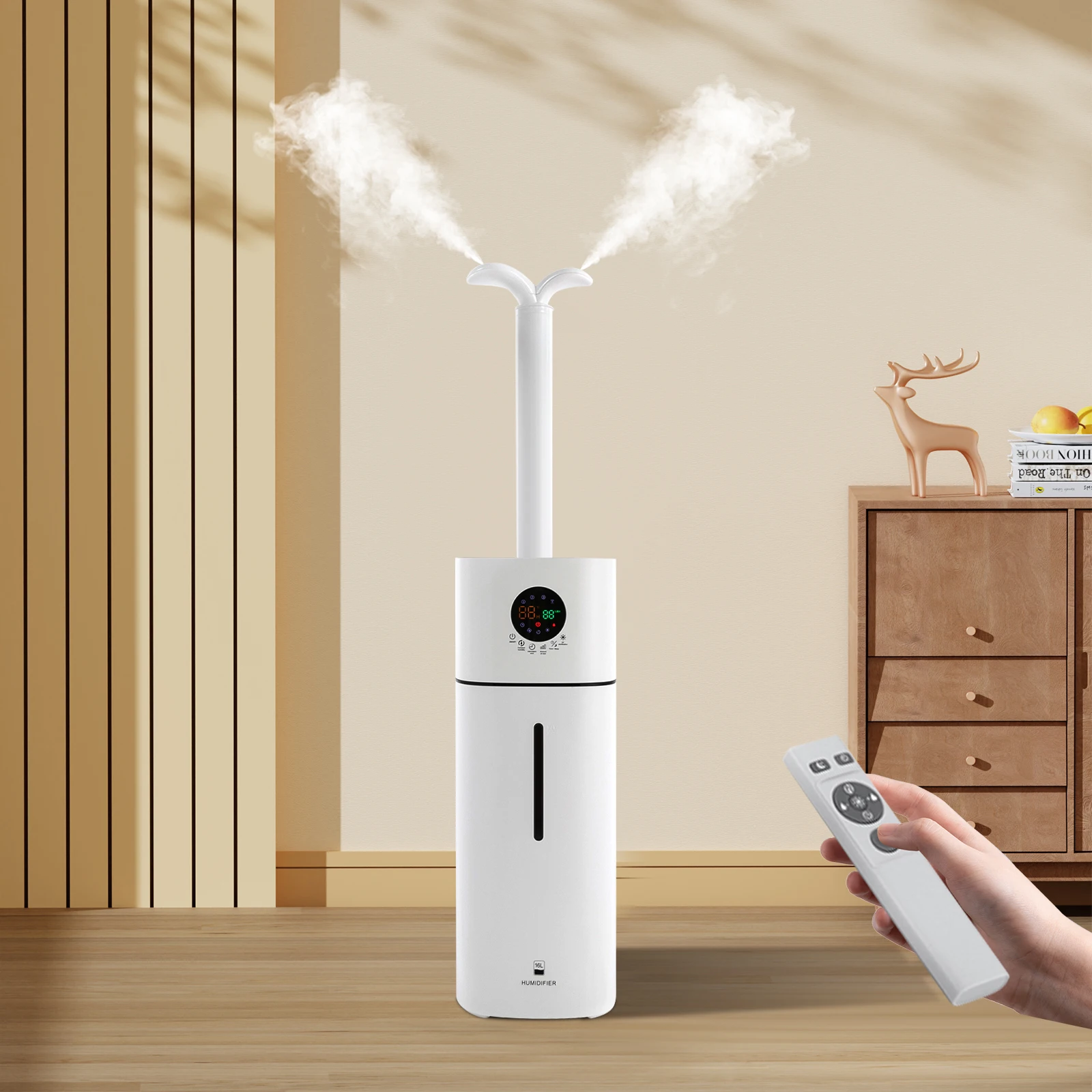 Humidificateur ultra silencieux de grande capacité, réservoir d'eau 16L, humidité réglable 40%-90%, couverture jusqu'à 1076 pieds carrés, télécommande