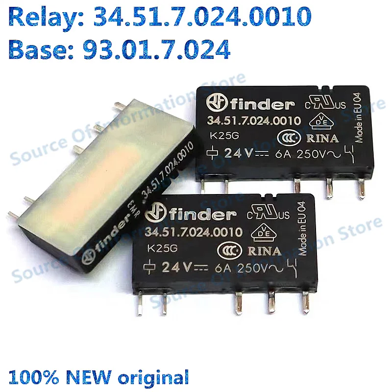 10Pcs, Finder Relay, 34.51.7.024.0010, 24VDC, 6A Base, 93.01.7.024