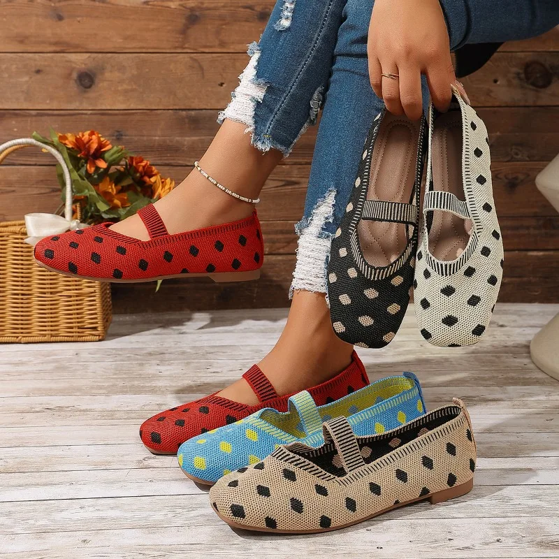 2026 New Knitted Design Polka Dot Women's Flats and Loafers Fashion Round Toe Comfort Lightweight Women Shoes Лоферы Женские