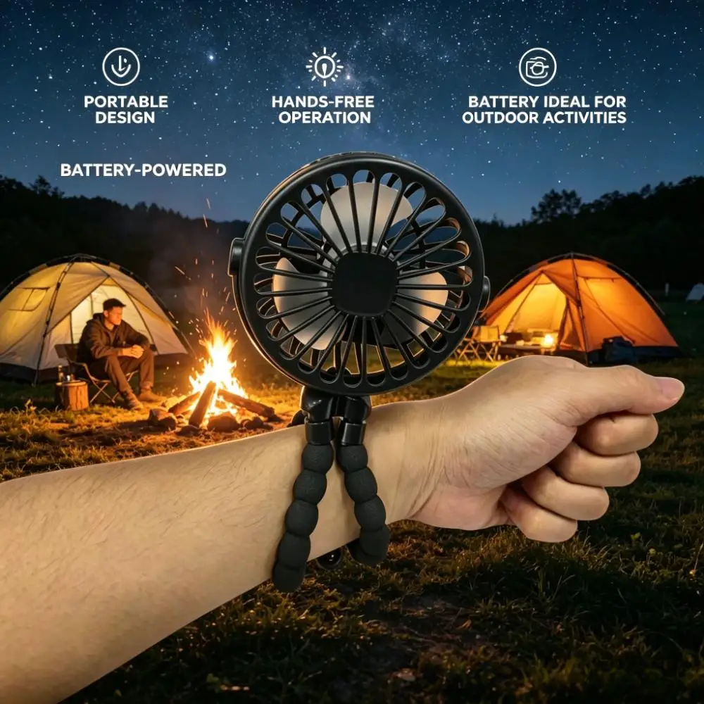Mini Portable Fan, Portable Desk Fan with Adjustable Tripod, 360° Rotation, Strong Wind, 3 Speeds, USB Rechargeable, Hands-Free for Camping, Office, Outdoor Activities