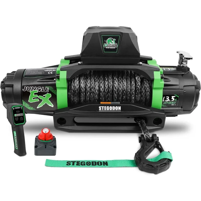 Winch 13500 lb Winch 12V Waterproof Electric Winch Synthetic Rope Off Road Winches with 2 in 1 Wireless Remote