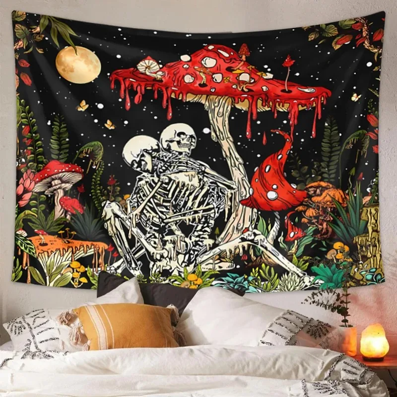 

1pc Mushroom skull skeleton tapestry, fantasy floral plant aesthetic tapestry, bedroom and living room decoration tapestry