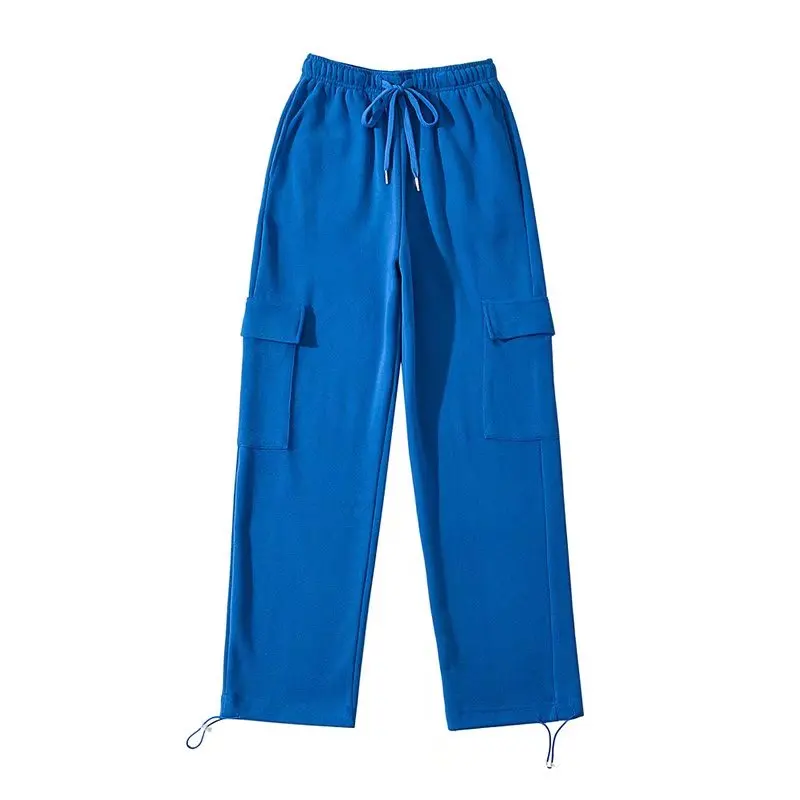 American Street Style Pure Desire Multi-Pocket Workwear Trousers Elastic Waist Drawstring Loose Straight Leg Wide Leg Pants