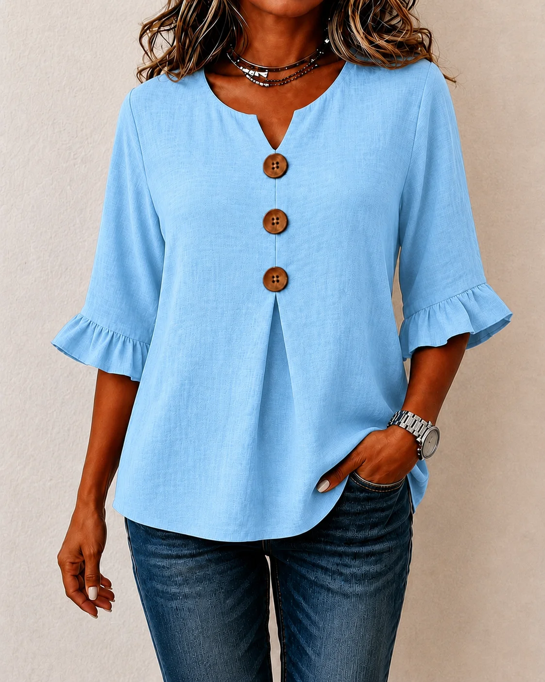 Übergrößen-Damen-Top im europäischen und amerikanischen Stil mit V-Ausschnitt und Rüschen – Detail 2