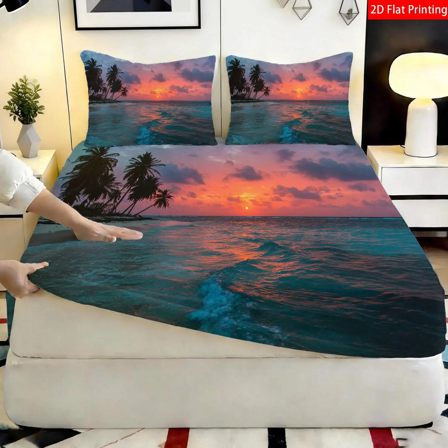 3-Piece Mattress Protector Set with Tropical Beach Theme, Sunset and Palm Tree Design, Wave Print, Suitable for Bedroom, Hotel, Resort Decoration, Mattress Protector Cover, Stain-Resistant, Suitable for All Seasons, Machine Washable, Easy to Care For, Universal for Home Bedrooms, Essential for Dormitories and Rentals, Master Bedroom Decoration, Dust-Proof and Stain-Resistant, High Elasticity, Fits Various Sizes