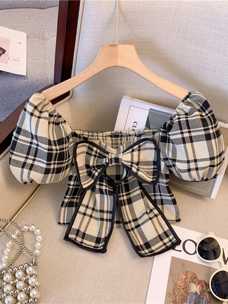 

Women's Plaid Bow Shirts Blouses Y2k 90s Aesthetic Vintage Korean 2000s Long Sleeve Square Collar Cropped Shirt Cutecore Clothes