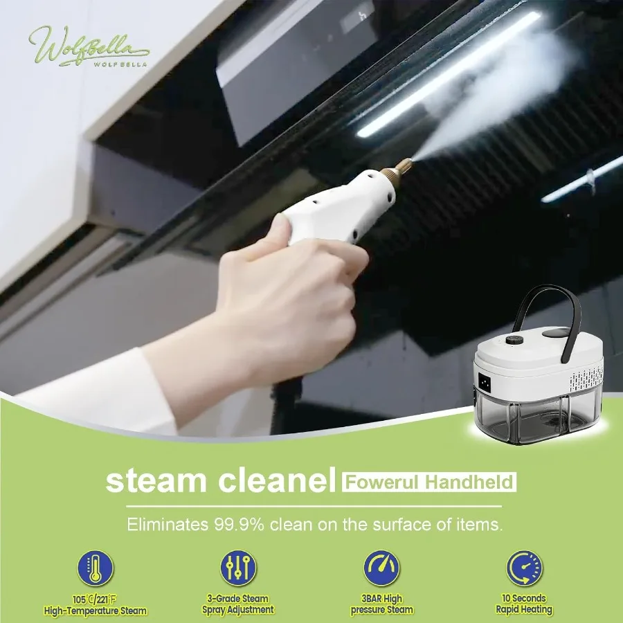 Pembersih Uap Steam Cleaner15s dengan Pemanasan Cepat, Tangki 1.4L, untuk Pembersihan dengan 10 Aksesoris Multi2500W, Temperatur dan Tekanan Tinggi, Genggam