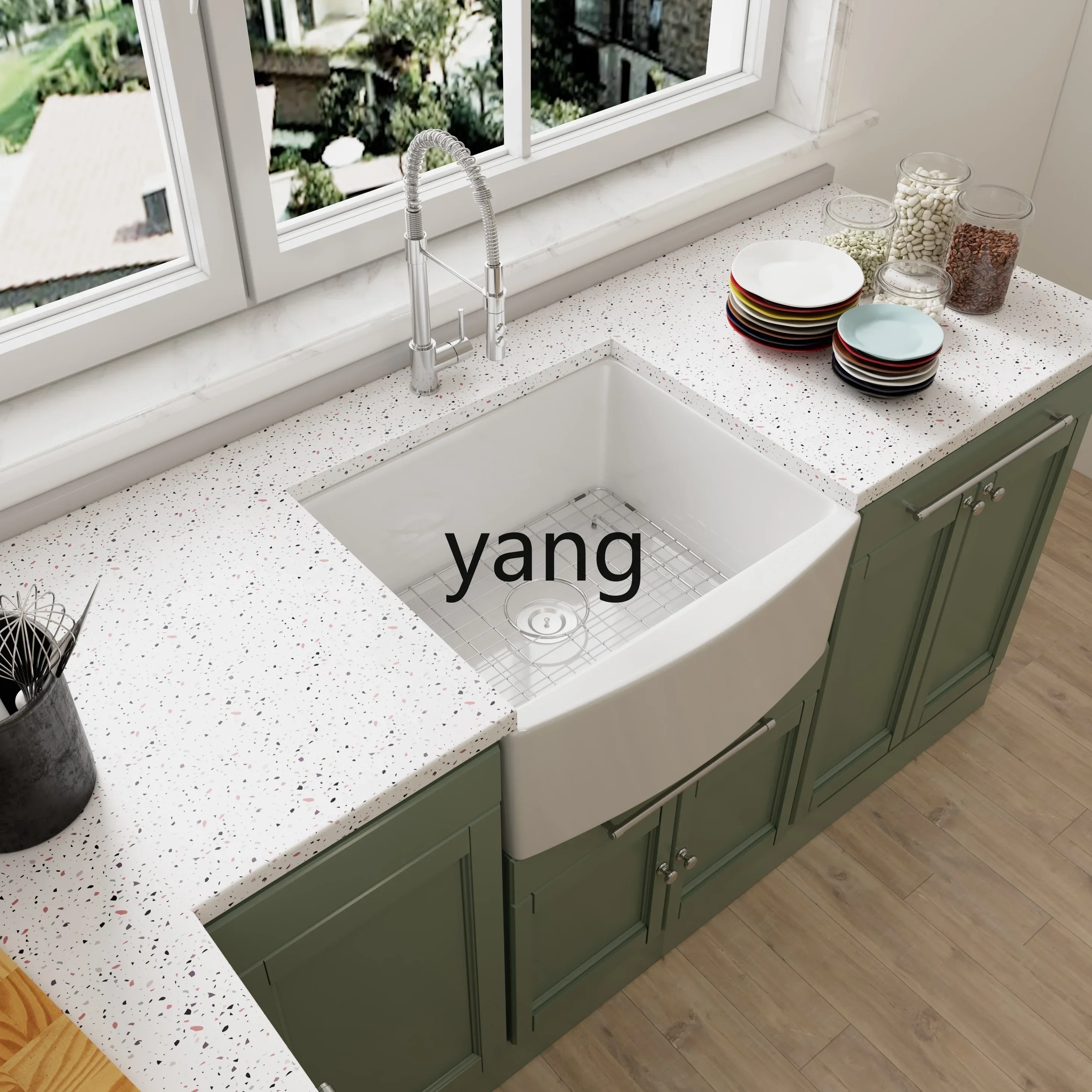 LH kitchen ceramic vegetable basin old-fashioned household sink semi-recessed front