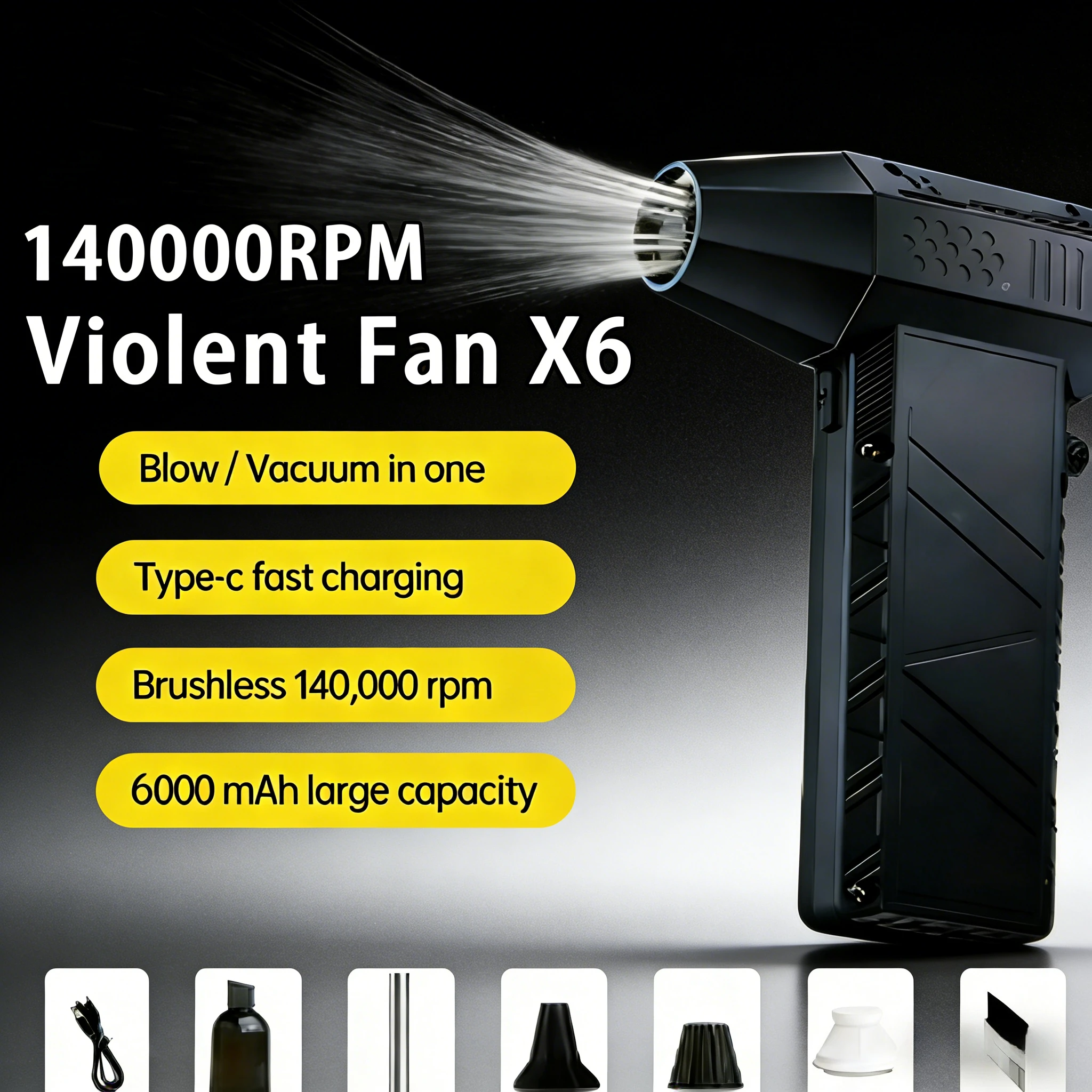 

140K RPM 53m/s X6 Violent Jet Fan Brushless Motor Vacuum Dust Cleaner Portable Type-C Fast Charging Handheld Dust Blower