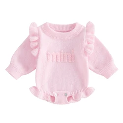 Baby Girls Knit Sweater Romper Long Flying Sleeve O Neck Letter Embroidery Romper