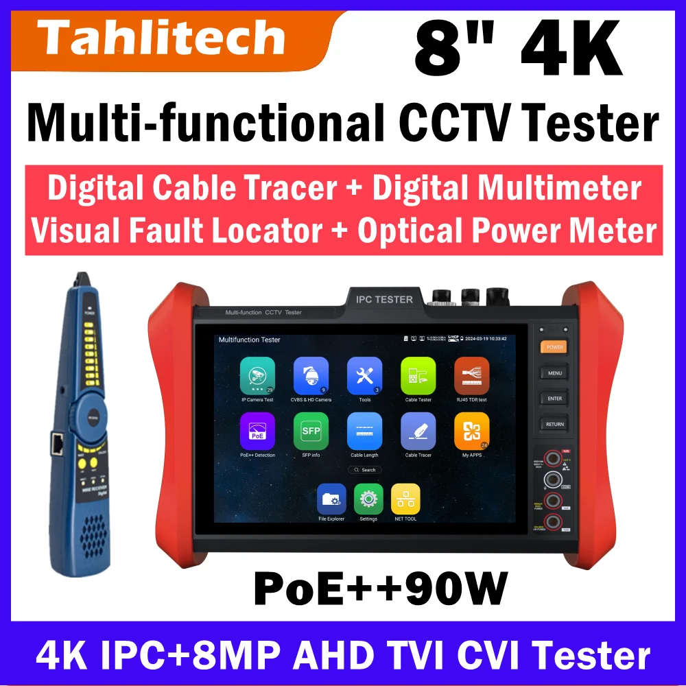 

Тестер-монитор 4K для систем видеонаблюдения с цифровым мультиметром, измерителем оптической мощности, поддержкой AHD TVI CVI, трассировщиком кабелей, 8-дюймовым сенсорным экраном