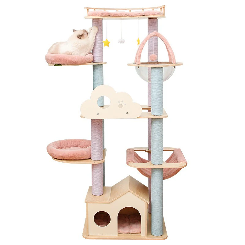 Solid Wood Cat Climbing Tree Tower, Cute Pink Pet Cats Tree House, Cat Gym Toys for Cats Scratching Post, Pet Products