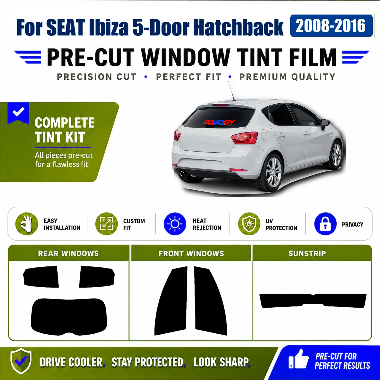For SEAT Ibiza 5-Door Hatchback 2008-2016 Sun Shade Film Pro-Grade Front Window Rear Window RAVOOY Heat Reject