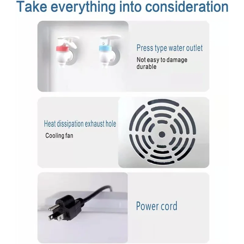 냉온수 탑로딩 정수기, 5갤런 물통, 어린이 안전 잠금 장치, 탈착식 물받이 및 수납장 포함