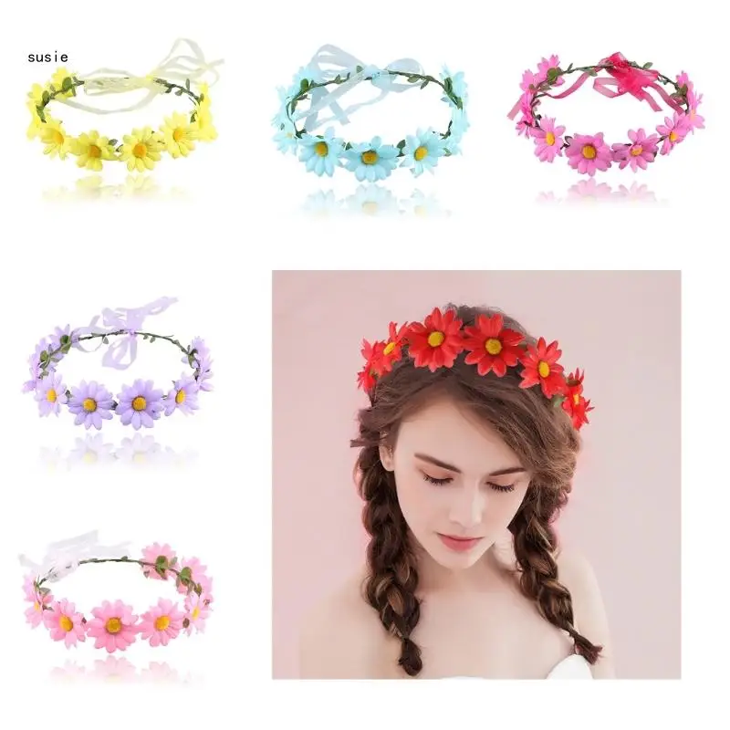 X7YA Wedding Party Bride Hairband Photography Hairband Flower  with Adjustable Ribbon for Girls Carnivals Hairband