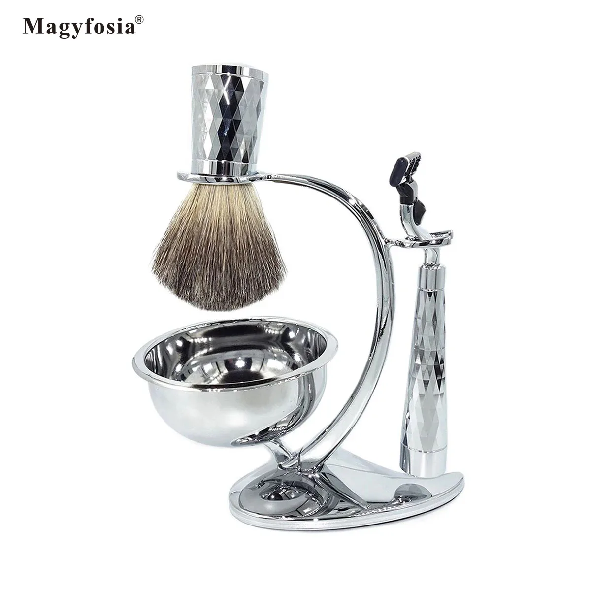 Magyfosia New Shaving Hair Removal Set with Twinkle Pure Badger Brush and Mach 3 Beard Safety Razor Handles Heart Shape Stand