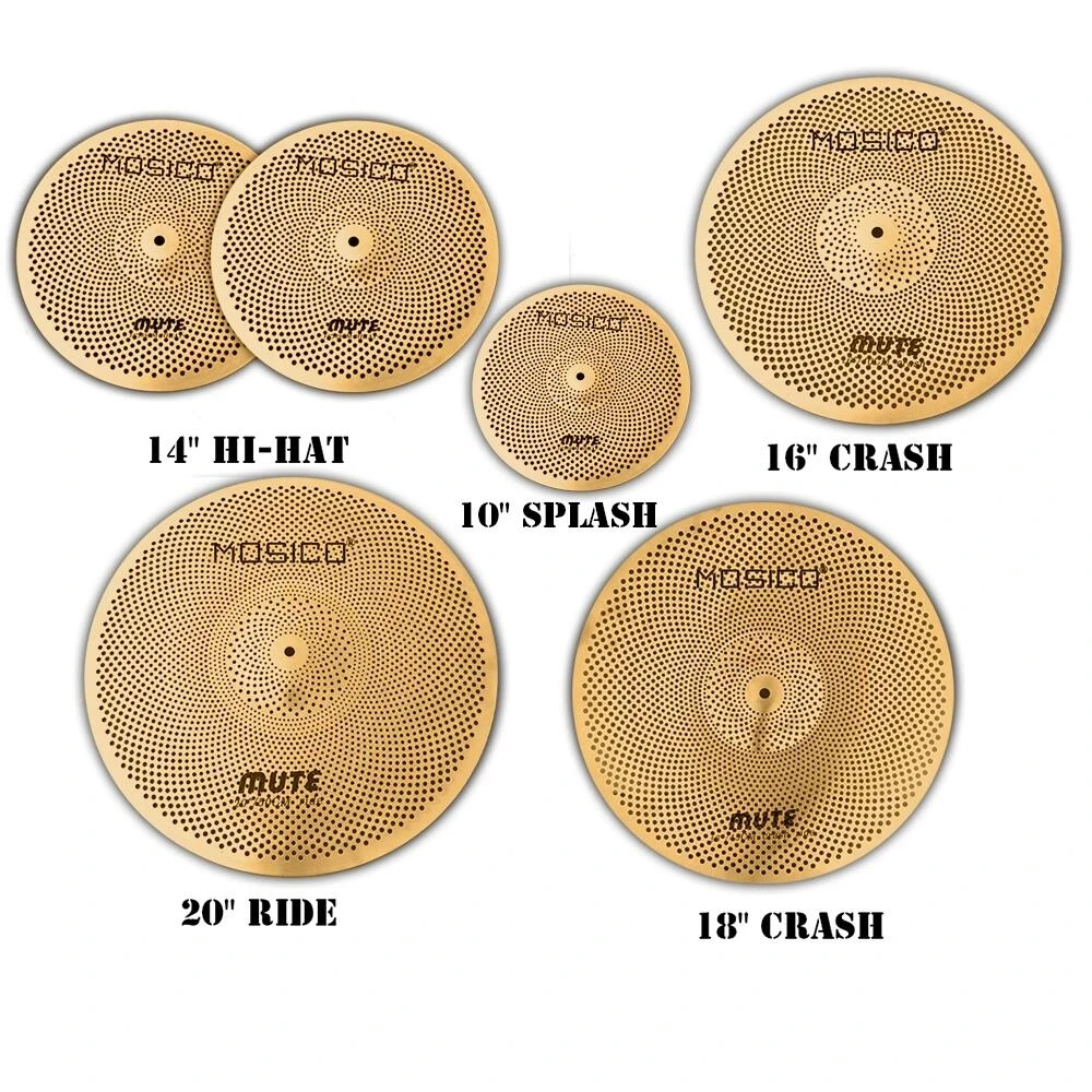 

Gold Color Low Volume Mute Cymbals 10''Splash+14''Hihat+16''Crash+18''Crash+20''Ride 6PCS