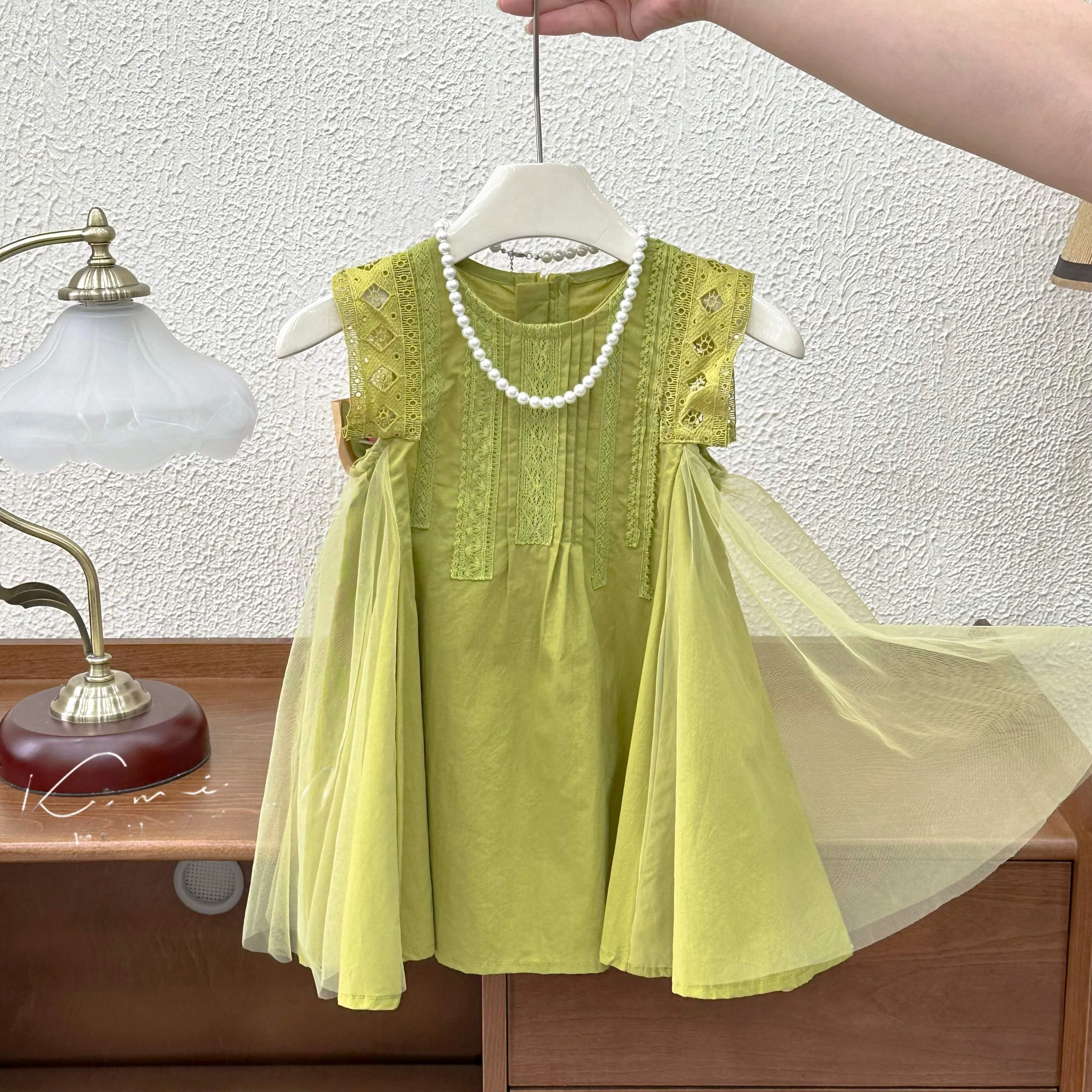 

Girls Summer Lace Vest Dress Net Gown Sleeveless Princess Style Frock Korean Fashion Silk Material below Knee Length Skirt