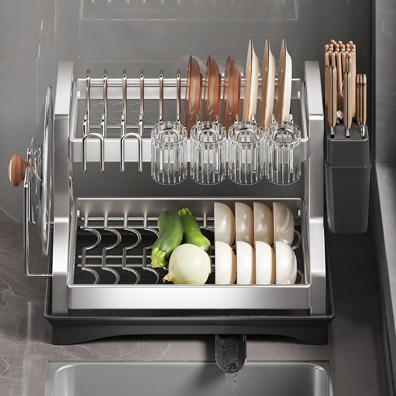 Dish Drying Rack 2 Tier Dish Bowl Drainer Storage Rack Kitchen Plates Organizer with Drainboard Countertop Cutlery Storage Holde