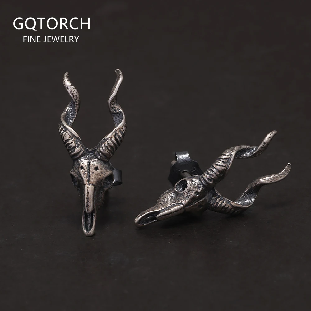 Solid 925 Thai Silver Punk Sheep Head Stud Earrings Sterling Silver Female Male Small Earring Gothic Vintage Jewelry New Arrival