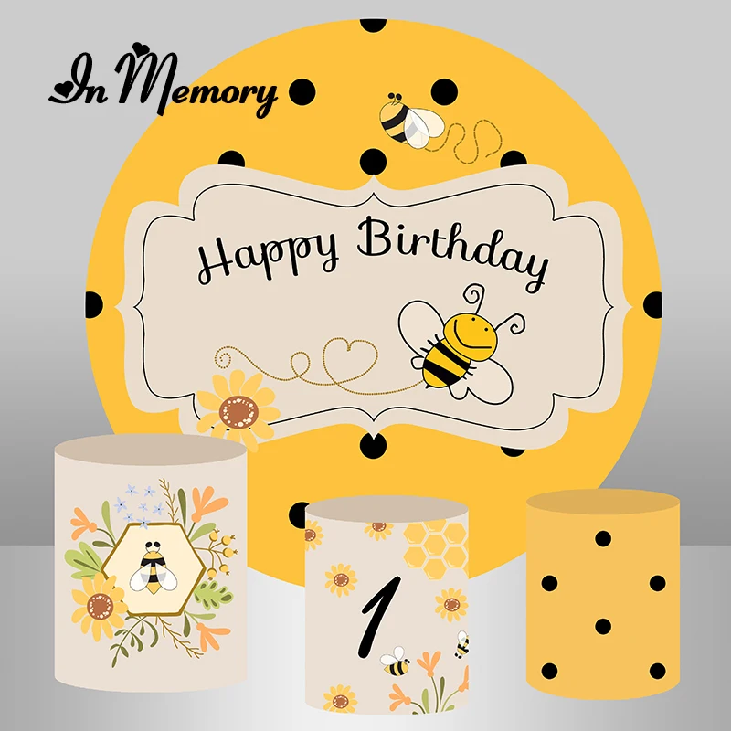 

Yellow Sweet Bee Day Round Backdrop Cover for Kids Baby Shower 1st Birthday Party Circle Background Cylinder Covers