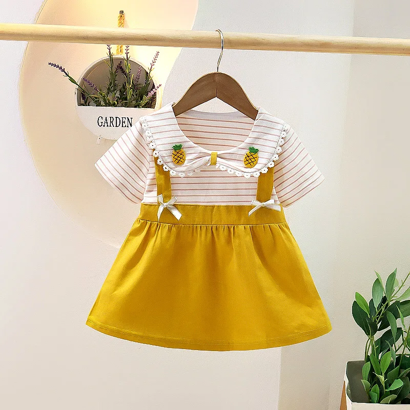 2024 Casual Summer Baby Girls Short Sleeve Patchwork Striped Dress Children\'s Clothing Infant Kids Princess Dress Baby Clothes