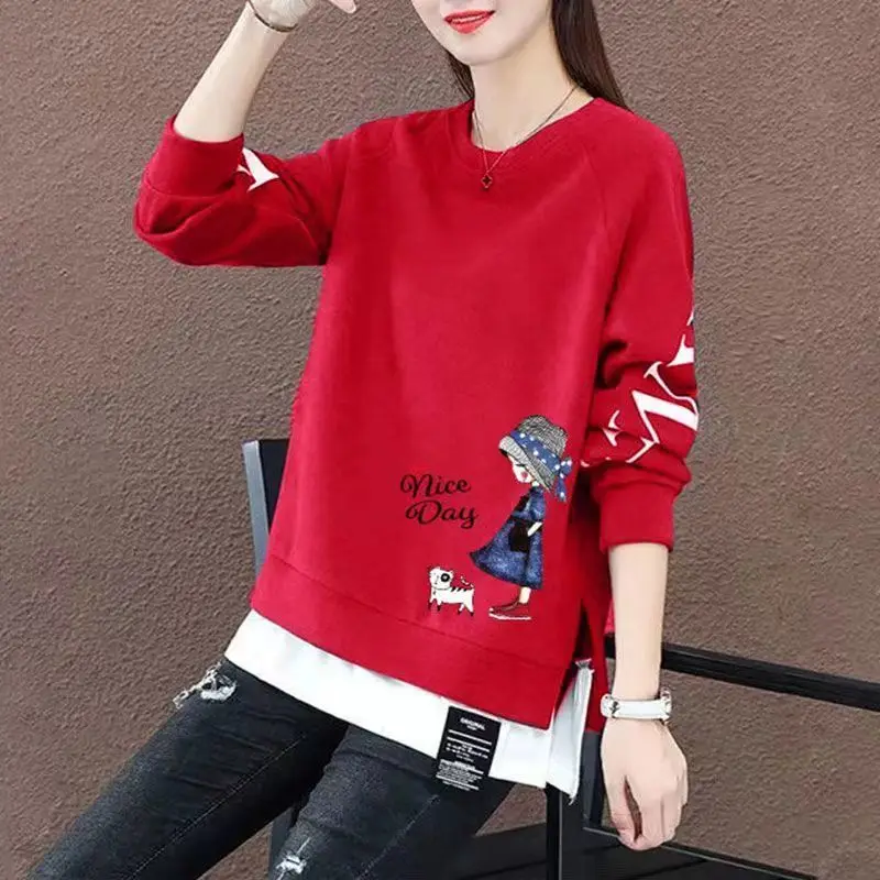 

Thin Spring and Autumn Fake Two-Piece Round Neck Long-Sleeved Sweater Women's Korean Style Top 2023 Autumn and Winter Loose