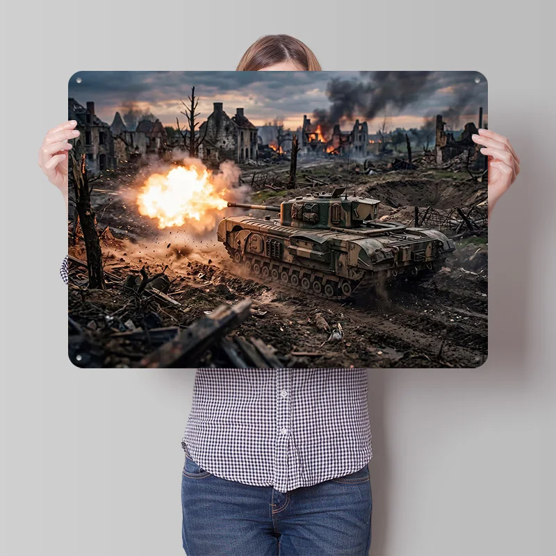 Tank Firing in Ruined Village 3D Texture Metal Poster Customized Wall Art Tin Sign Gift for Mancave Decor Luxury Bar Accessories