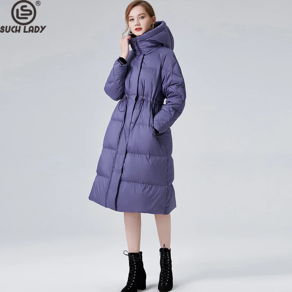

Women's Long Puffer White Duck Down Coat with Hood Winter Parka Belted Waist Warm Jacket for Cold Weather