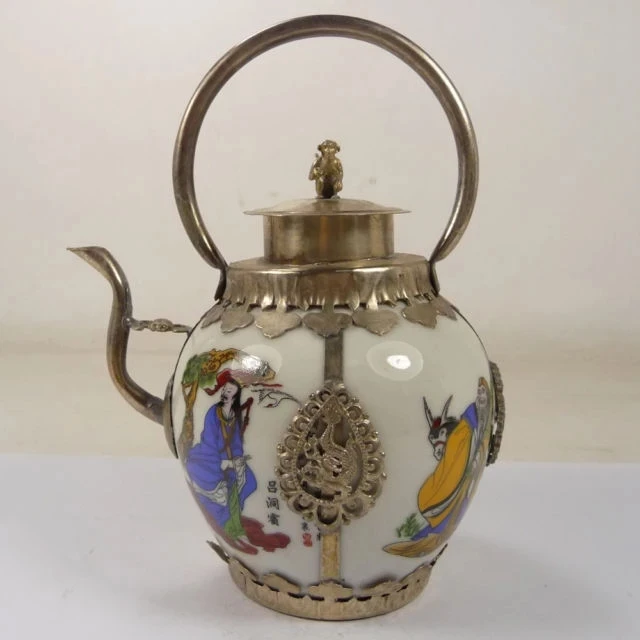 

Elaborate Chinese classical porcelain inlaid with copper dragon monkey teapot,painted with immortal people