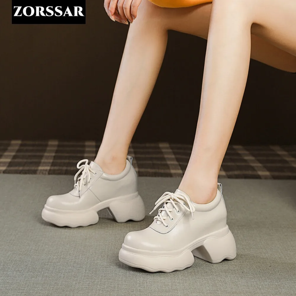 

10cm Genuine Leather Wedge Height Increasing Shoes Chunky Sneaker White Casual Shoes Comfortable Breathable Spring Autumn Shoes