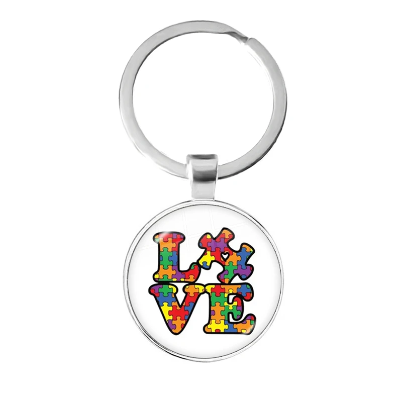 Autism Awareness Puzzle Ribbon Love Photo Round Glass Cabochon Keychain Bag Car Key Chain Ring Holder Charms Jewelry