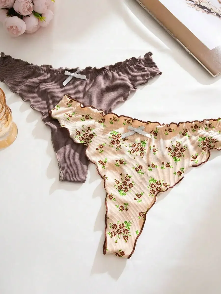 

Ribbed Floral Print Ruffle Hem Thong Panties For Women