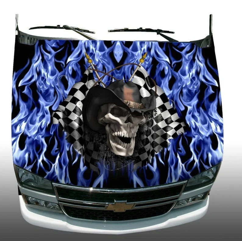 Racing Skull Checkered Flag Blue Flame Fire Vehicle Hood Wrap Vinyl Graphic Decal