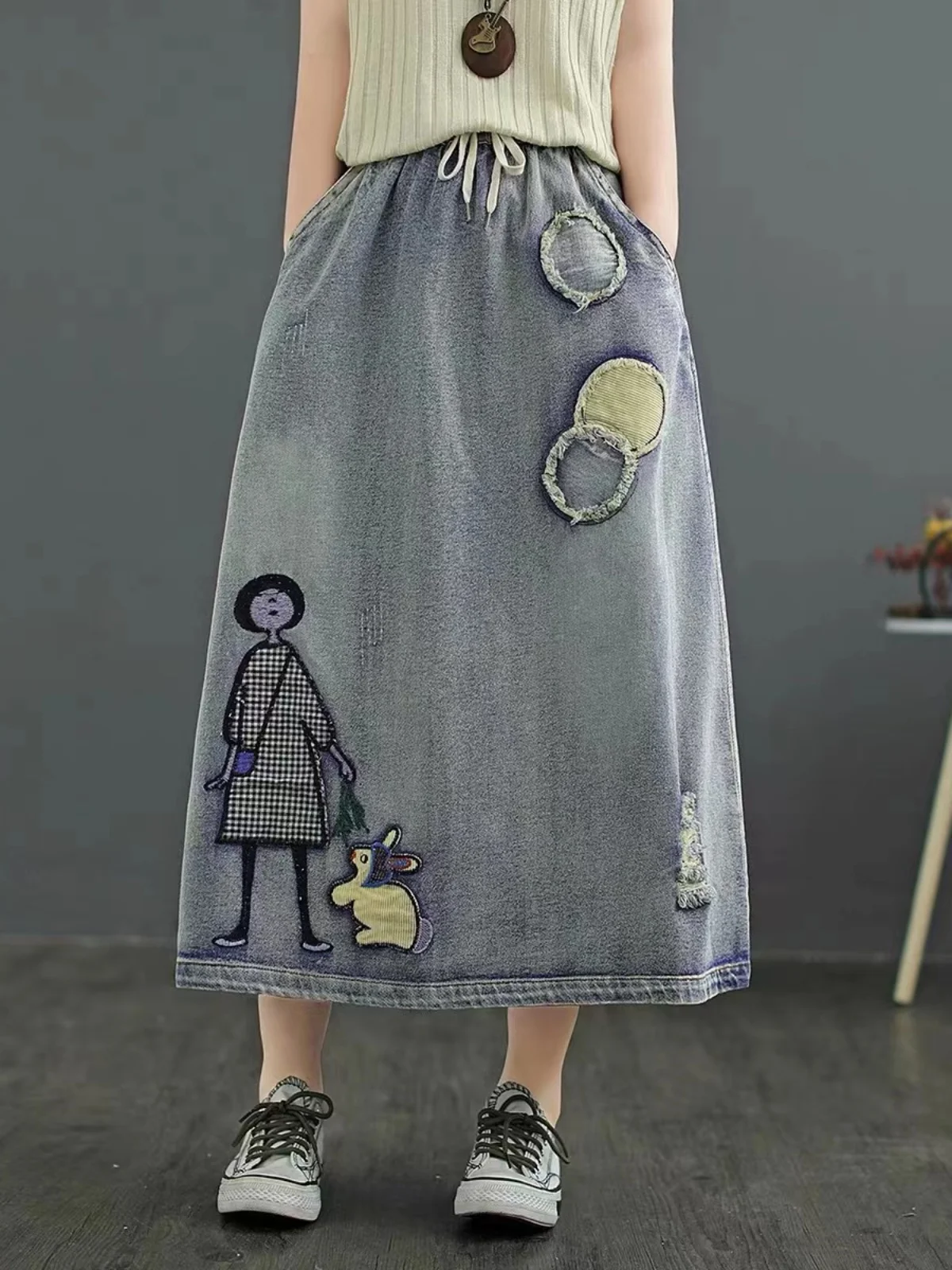 Authentic Cartoon Little Girl Embroidered Patchwork Denim Half Skirt Elastic Waist Distressed Mid-Length A-Line Skirt