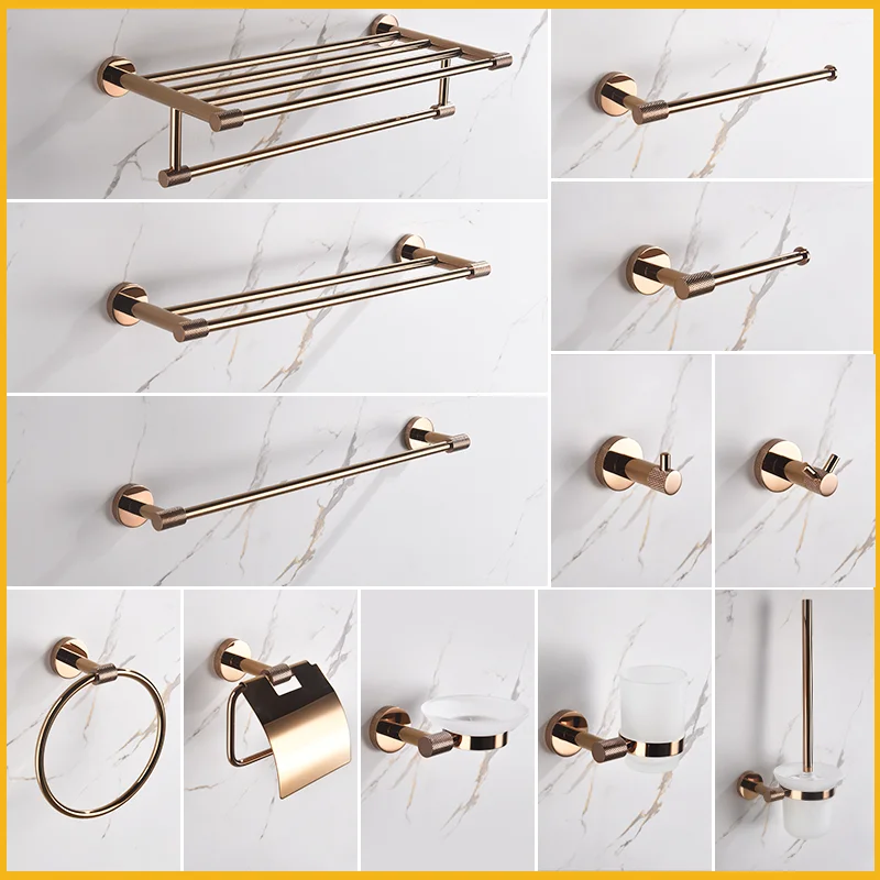 

Rose Gold Bathroom Accessories Set Wall Mount Shelf Toilet Bath Hardware Paper Holder Towel Bar Rack Rail Rod Robe Hook Hanger