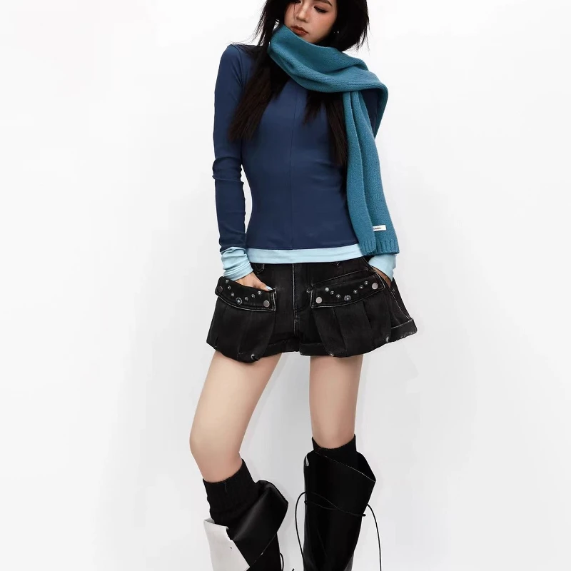 Celana Jeans Wanita Musim Gugur Musim Dingin Berlapis Fleece Tebal Desain Retro Pinggang Sedang-Rendah Pelangsing Manis Keren Serbaguna Celana Pendek Wanita