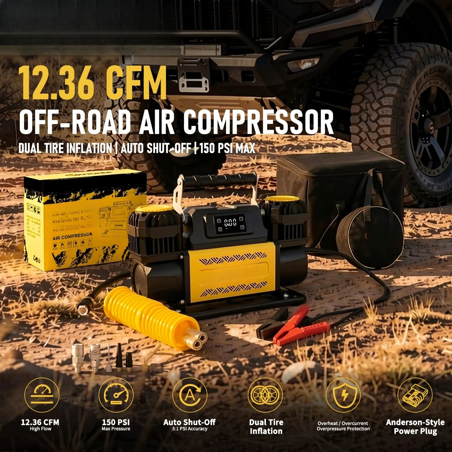 12V Portable Dual Cylinder Air Compressor 12.36CFM Heavy Duty Tire Inflator